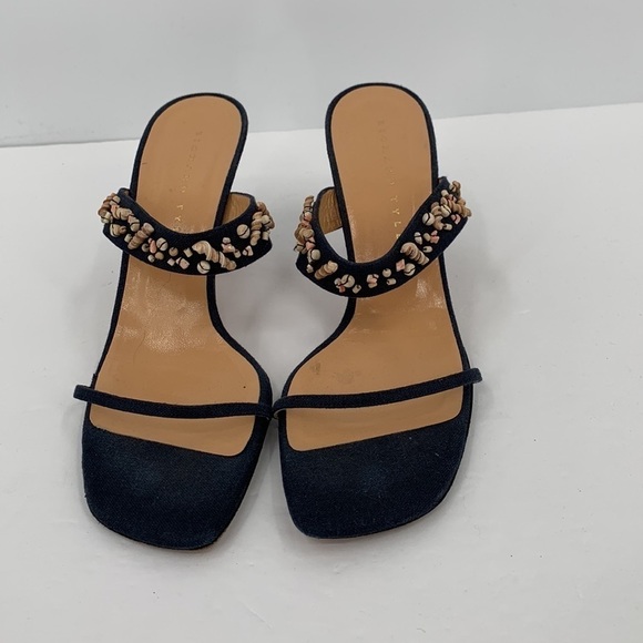 Richard Tyler strappy slide sandals heel shoe mule navy blue beading fabric 9 - Picture 3 of 6